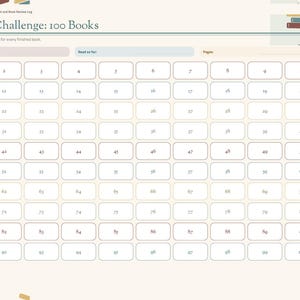 May include: A digital reading journal page titled Reading Challenge: 100 Books, featuring a grid of one hundred numbered rectangular boxes for tracking books, with navigation tabs on the right side labeled Index, Reading, Challenge, Bingo, Reviews, TBR, Series, Quotes, Wrap-up, Wishlist, and Notes.