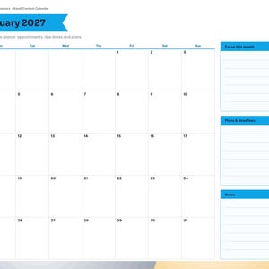 May include: A digital January 2027 calendar planner page with a blue header, a monthly grid, and side sections labeled Focus this month, Plans & deadlines, and Notes. The left sidebar contains navigation tabs for months and categories.