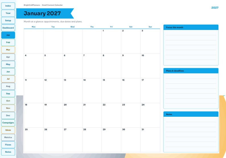 May include: A digital January 2027 calendar planner page with a blue header, a monthly grid, and side sections labeled Focus this month, Plans & deadlines, and Notes. The left sidebar contains navigation tabs for months and categories.