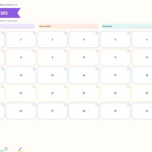 May include: A Goals and Stars journal page for kids ages 6 to 12, featuring a grid of 30 numbered boxes to color. The top includes spaces for goal, stars earned, and reward. A vertical tab menu on the right lists Index, About Me, Prompts, Feelings, Drawing, Stars, Reading, and Notes.