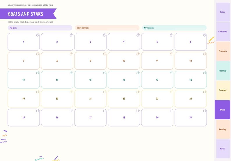 May include: A Goals and Stars journal page for kids ages 6 to 12, featuring a grid of 30 numbered boxes to color. The top includes spaces for goal, stars earned, and reward. A vertical tab menu on the right lists Index, About Me, Prompts, Feelings, Drawing, Stars, Reading, and Notes.