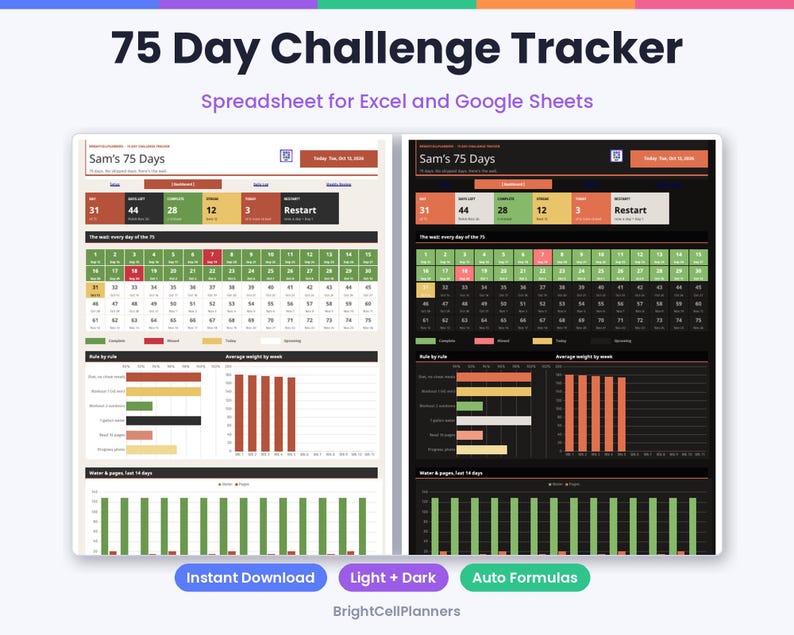 May include: A 75 Day Challenge Tracker spreadsheet for Excel and Google Sheets featuring light and dark mode versions. The interface displays daily progress, rule tracking, weight charts, and water intake logs with colorful data visualizations.