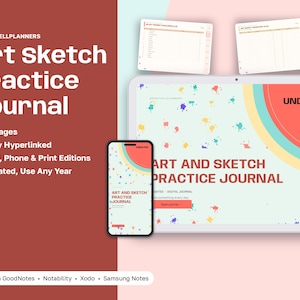 May include: A digital art sketch practice journal displayed on a tablet and smartphone screen. The cover features a light green background with colorful paint splatters, a red arc, and the text Art and Sketch Practice Journal Undated.