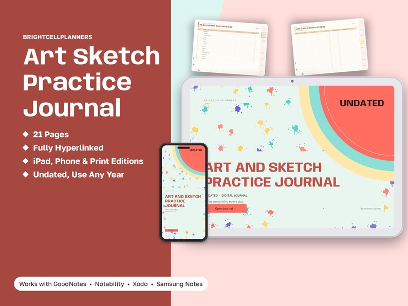 May include: A digital art sketch practice journal displayed on a tablet and smartphone screen. The cover features a light green background with colorful paint splatters, a red arc, and the text Art and Sketch Practice Journal Undated.