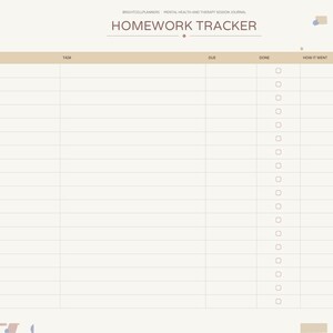 May include: A digital homework tracker page with a light beige background. The header reads HOMEWORK TRACKER. Columns include Assigned, Task, Due, Done with checkboxes, and How It Went. A vertical navigation bar on the left lists tabs.
