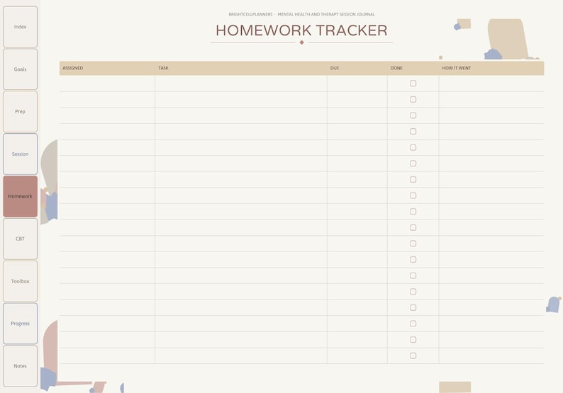 May include: A digital homework tracker page with a light beige background. The header reads HOMEWORK TRACKER. Columns include Assigned, Task, Due, Done with checkboxes, and How It Went. A vertical navigation bar on the left lists tabs.