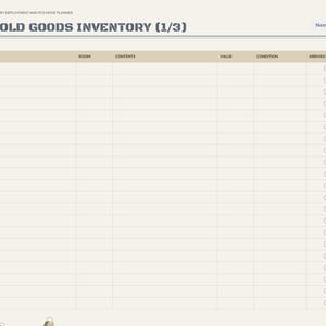 May include: A digital household goods inventory planner page titled Household Goods Inventory (1/3) with columns for box number, room, contents, value, condition, and arrival status. The right sidebar lists navigation tabs including Index, Orders, PCS Checklist, Inventory, PPM, New Station, Deploy Prep, Countdown, Journal, and Notes.