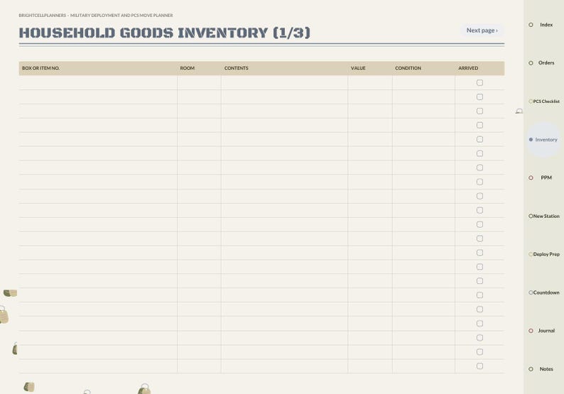 May include: A digital household goods inventory planner page titled Household Goods Inventory (1/3) with columns for box number, room, contents, value, condition, and arrival status. The right sidebar lists navigation tabs including Index, Orders, PCS Checklist, Inventory, PPM, New Station, Deploy Prep, Countdown, Journal, and Notes.