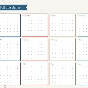 May include: A digital planner page titled 2026-27 at a glance, featuring a twelve-month calendar grid from August to July. The layout includes a left-hand navigation sidebar with tabs for Index, Year, months, MCAT, Rotations, Research, Shadowing, Exams, and Notes.