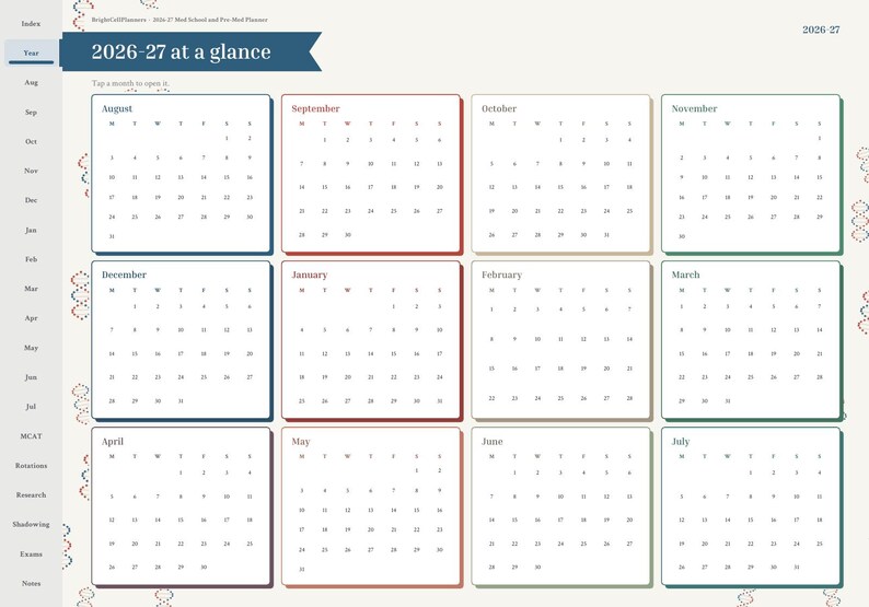 May include: A digital planner page titled 2026-27 at a glance, featuring a twelve-month calendar grid from August to July. The layout includes a left-hand navigation sidebar with tabs for Index, Year, months, MCAT, Rotations, Research, Shadowing, Exams, and Notes.