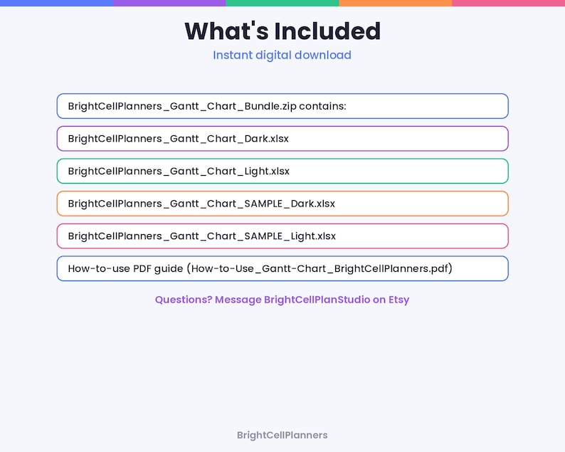 Może przedstawiać: Cyfrowa lista plik&oacute;w zatytułowana What's Included, szczeg&oacute;łowo opisująca zawartość BrightCellPlanners_Gantt_Chart_Bundle.zip, w tym cztery pliki Excel w wersjach ciemnych i jasnych z przykładami oraz przewodnik PDF dotyczący użytkowania.