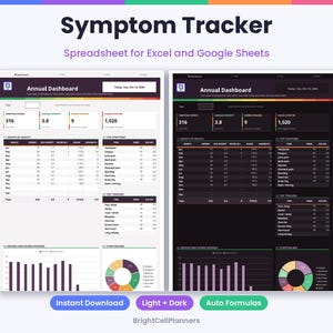 Puede incluir: Una hoja de c&aacute;lculo digital de seguimiento de s&iacute;ntomas para Excel y Google Sheets con un panel anual en modo claro y oscuro. La interfaz muestra tablas de datos, gr&aacute;ficos de barras y gr&aacute;ficos circulares para el control de salud.