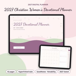 May include: A 2027 digital devotional planner displayed on two tablet screens. The interface features soft pink, green, and purple wavy graphics with the text 2027 Devotional Planner, Rooted in the Word, every day, and a monthly calendar view.