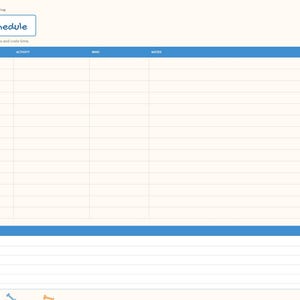 May include: A digital puppy schedule planner page featuring a blue header with the text Puppy Schedule and subtext Potty breaks, meals, play, naps and crate time. The layout includes columns for time, activity, info, and notes, plus a notes section.