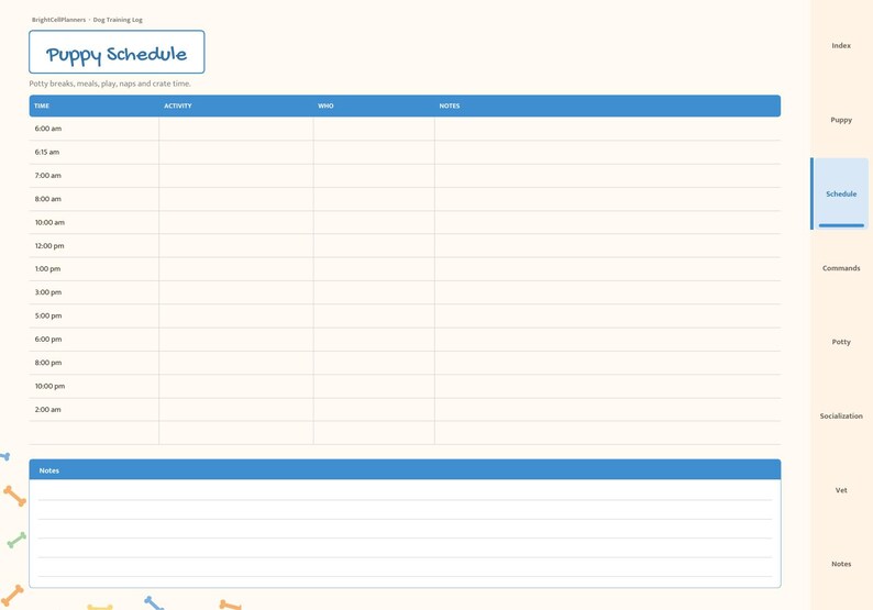 May include: A digital puppy schedule planner page featuring a blue header with the text Puppy Schedule and subtext Potty breaks, meals, play, naps and crate time. The layout includes columns for time, activity, info, and notes, plus a notes section.