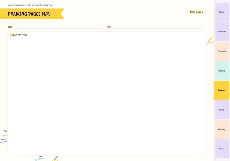 May include: A digital journal page titled Drawing Pages (1/4) with a large blank white rectangle for drawing. The layout includes fields for Date and Title, a yellow header, and a vertical navigation tab menu on the right side.