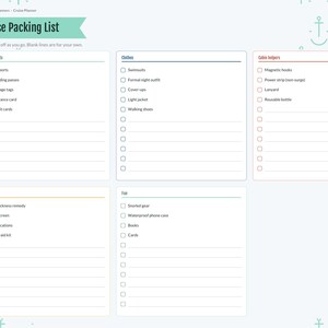 May include: A printable cruise packing list planner page featuring a teal header with the text Cruise Packing List. The layout includes categorized sections for Documents, Clothes, Cabin helpers, Health, and Fun, each with checkboxes.