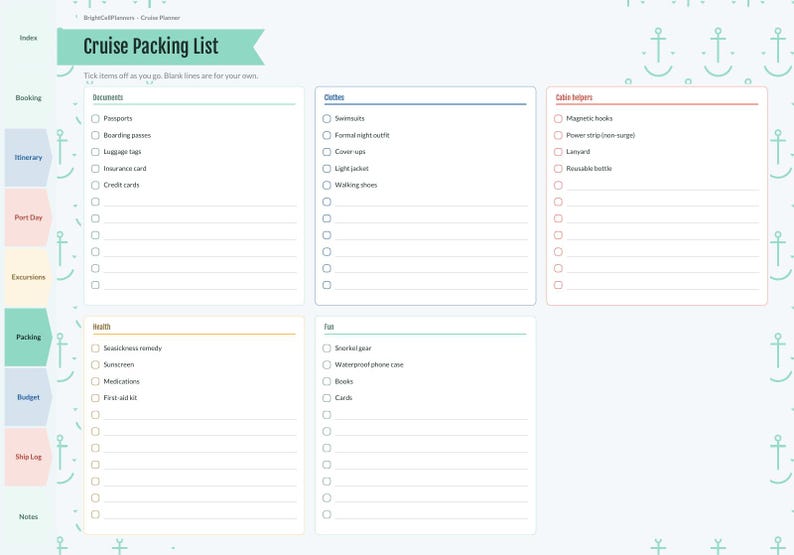 May include: A printable cruise packing list planner page featuring a teal header with the text Cruise Packing List. The layout includes categorized sections for Documents, Clothes, Cabin helpers, Health, and Fun, each with checkboxes.