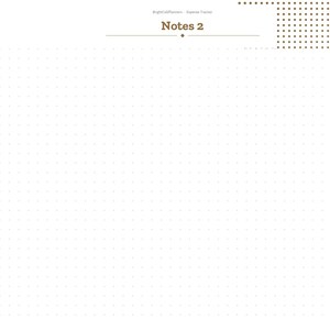 May include: A digital planner page titled Notes 2 with a dot grid background. The left sidebar features navigation tabs for Index, Year, Setup, Dashboard, months from Jan to Dec, Expense, and Notes. A Next button is in the top right corner.
