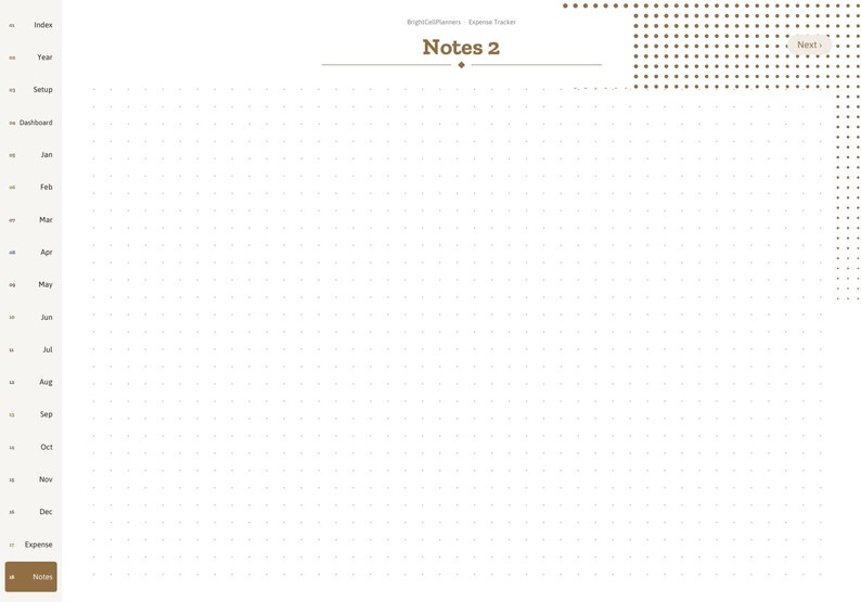 May include: A digital planner page titled Notes 2 with a dot grid background. The left sidebar features navigation tabs for Index, Year, Setup, Dashboard, months from Jan to Dec, Expense, and Notes. A Next button is in the top right corner.