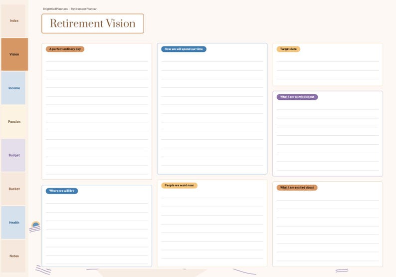 K&ouml;nnte beinhalten: Eine digitale Planerseite mit dem Titel Retirement Vision und einer Seitenleiste mit Registerkarten f&uuml;r Index, Vision, Income, Pension, Budget, Bucket, Health und Notes. Das Layout bietet linierte Abschnitte zur Planung des Alltags, der Zeit, des Ortes, der Ziele und pers&ouml;nlicher &Uuml;berlegungen.