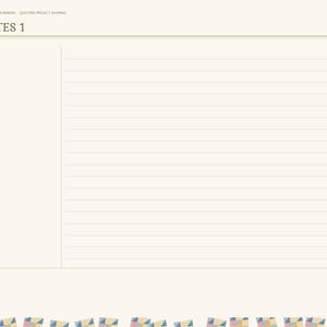 May include: A digital quilting project journal page titled NOTES 1 with a cream background, horizontal lines for writing, and a vertical navigation sidebar on the left featuring tabs labeled Index, Projects, Slash, Blocks, Cutting, Gifts, and Notes.