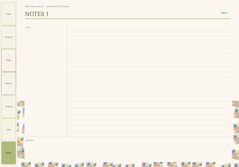 May include: A digital quilting project journal page titled NOTES 1 with a cream background, horizontal lines for writing, and a vertical navigation sidebar on the left featuring tabs labeled Index, Projects, Slash, Blocks, Cutting, Gifts, and Notes.