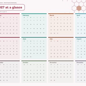 May include: A digital 2027 calendar planner page titled 2027 at a glance. It features twelve monthly grids organized in a four-by-three layout with a sidebar navigation menu. The design includes a light hexagonal pattern in the top right corner.
