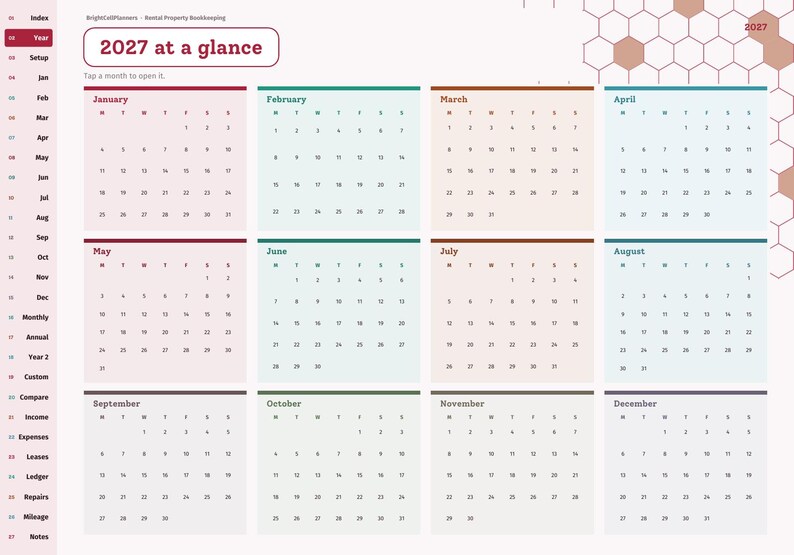 May include: A digital 2027 calendar planner page titled 2027 at a glance. It features twelve monthly grids organized in a four-by-three layout with a sidebar navigation menu. The design includes a light hexagonal pattern in the top right corner.