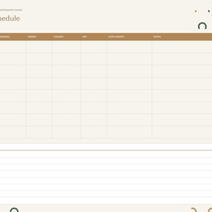 May include: A digital feed schedule planner page with a cream background and brown accents. The header reads Feed Schedule. It features a table with columns for Horse, Morning, Midday, Evening, Hay, Supplements, and Notes. A lined notes section is at the bottom.