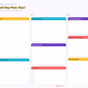 以下が含まれることがあります： 「Park Day Plan: Day 1」と題されたテーマパーク旅行プランナーのデジタルページ。乗り物、ショー、パレード、食事の予約、休憩、身長制限のメモ、待ち時間短縮プラン、軽食、その日のベストモーメントを記録するための色分けされたセクションで構成されています。