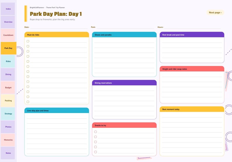 以下が含まれることがあります： 「Park Day Plan: Day 1」と題されたテーマパーク旅行プランナーのデジタルページ。乗り物、ショー、パレード、食事の予約、休憩、身長制限のメモ、待ち時間短縮プラン、軽食、その日のベストモーメントを記録するための色分けされたセクションで構成されています。