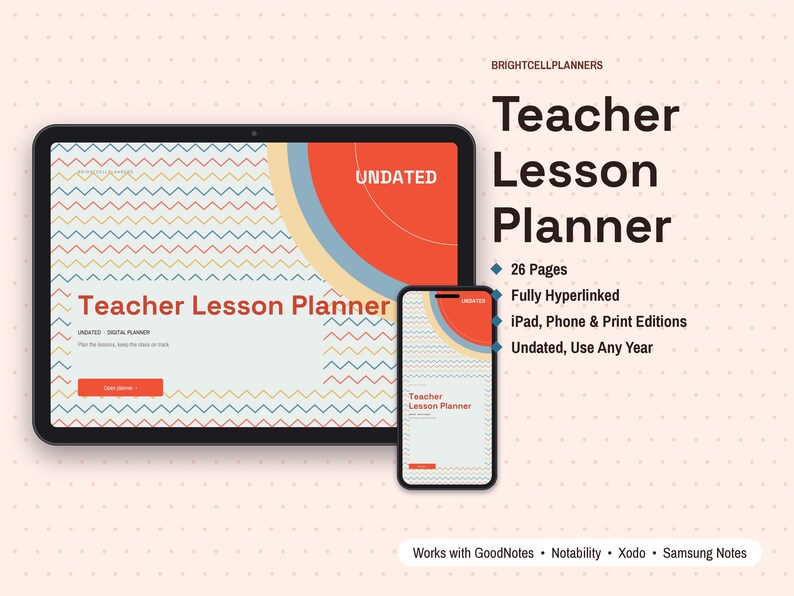 May include: A digital teacher lesson planner displayed on a tablet and smartphone. The interface features a light background with a red, blue, and yellow chevron pattern, the text "Teacher Lesson Planner," "UNDATED," and "Plan the lessons, keep the class on track."