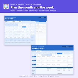 May include: A digital life planner interface titled Brightcellplanners All-in-one Life Planner. It features a monthly calendar for October 2026 and a weekly planner for the week of October 5, including sections for energy, tasks, and events.