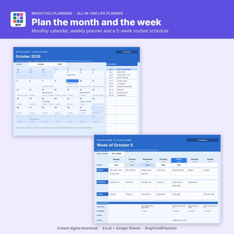 May include: A digital life planner interface titled Brightcellplanners All-in-one Life Planner. It features a monthly calendar for October 2026 and a weekly planner for the week of October 5, including sections for energy, tasks, and events.