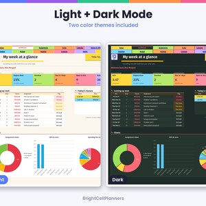 May include: A digital student planner dashboard featuring Light and Dark mode options. The interface displays a weekly schedule, GPA tracker, assignment status, and charts. Text includes My week at a glance, Coming up next, and Today's classes.