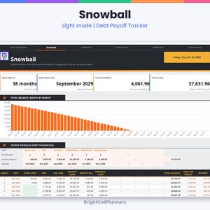 May include: A digital debt payoff tracker dashboard titled Snowball in light mode. The interface displays financial metrics including debt-free date, total interest, and total paid, alongside a bar chart and a detailed monthly payoff schedule.