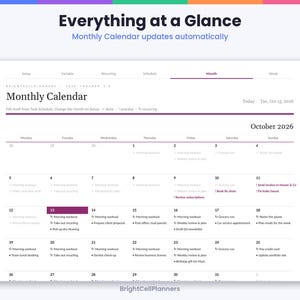 以下が含まれることがあります： Everything at a Glanceというタイトルのデジタル月間カレンダーインターフェース。2026年10月のグリッドが表示されています。レイアウトにはSetup、Variable、Recurring、Schedule、Month、Weekのタブがあり、各日付の下にタスクが記載されています。