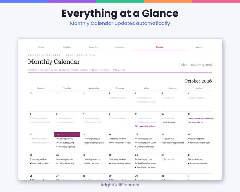 以下が含まれることがあります： Everything at a Glanceというタイトルのデジタル月間カレンダーインターフェース。2026年10月のグリッドが表示されています。レイアウトにはSetup、Variable、Recurring、Schedule、Month、Weekのタブがあり、各日付の下にタスクが記載されています。