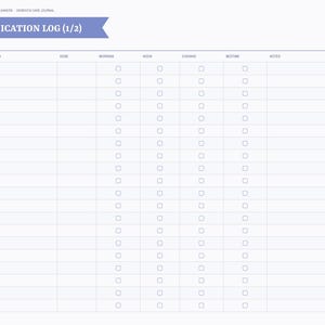 May include: A digital medication log page with a purple header labeled MEDICATION LOG (1/2). The layout features a table with columns for medication, dose, morning, noon, evening, bedtime, and notes, including checkboxes for tracking daily intake.