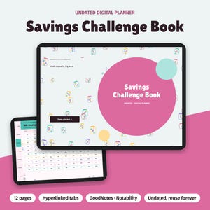 Op de afbeelding: Een ongedateerde digitale Savings Challenge Book planner weergegeven op twee tabletschermen. Het hoofdscherm bevat een roze cirkel met de tekst Savings Challenge Book en een patroon van kleine potjes. Het tweede scherm toont een 100-enveloppen spaarraster.
