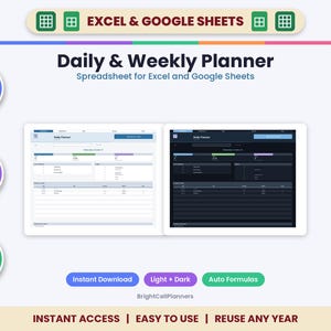 Daily & Weekly Planner Spreadsheet – Excel, Google Sheets (Digital Download)