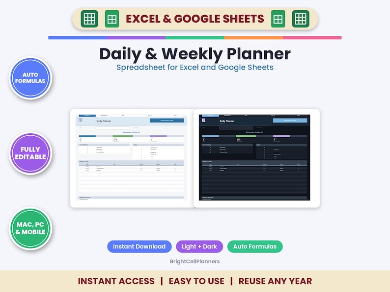 Daily & Weekly Planner Spreadsheet – Excel, Google Sheets (Digital Download) image 1