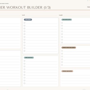 May include: A digital planner page titled REFORMER WORKOUT BUILDER (1/3) with sections for Warm Up, Core Series, Legs and Glutes, Footwork, Arms and Back, Stretch and Cool-Down, and Springs and Notes, featuring checkboxes and lined spaces.