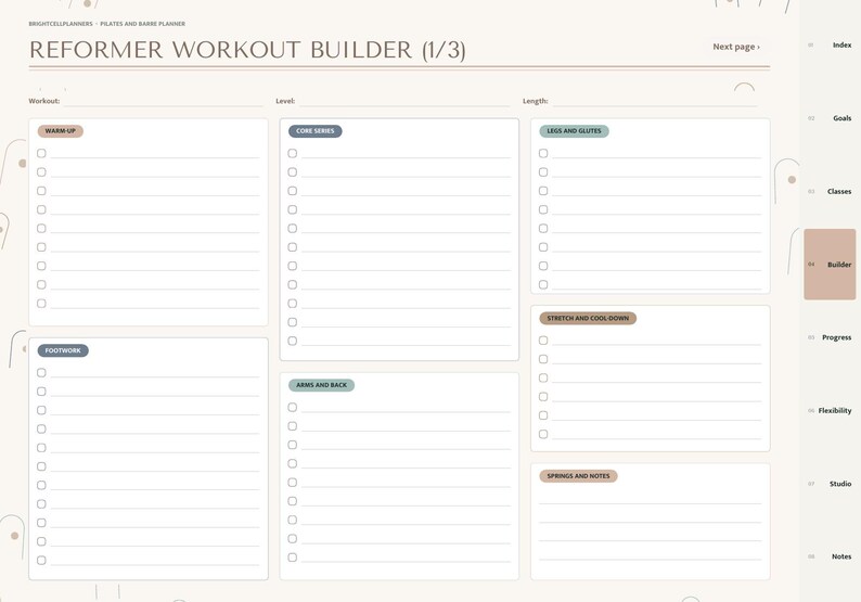 May include: A digital planner page titled REFORMER WORKOUT BUILDER (1/3) with sections for Warm Up, Core Series, Legs and Glutes, Footwork, Arms and Back, Stretch and Cool-Down, and Springs and Notes, featuring checkboxes and lined spaces.