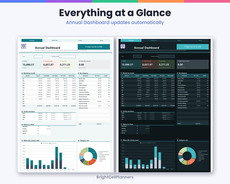 Puede incluir: Dos plantillas de panel anual digital tituladas Everything at a Glance, una con fondo claro y otra con fondo oscuro. Ambas muestran tablas de datos financieros, gr&aacute;ficos de ventas mensuales y gr&aacute;ficos circulares de categor&iacute;as.