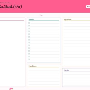 May include: A digital planner page titled Project Idea Bank (1/3) with a bright pink header. The layout includes sections for Sketch or mockup, Materials, Steps and notes, Design file name, and Price idea, with a navigation tab on the right.