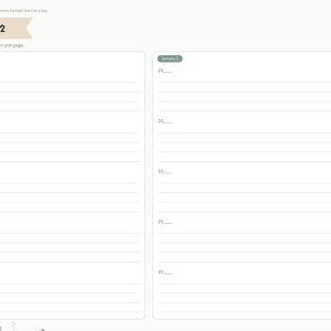 May include: A digital memory journal page titled January 1 & 2 with the text One line a day. Five years on one page. The layout features two columns with lined sections for five years, marked 20__, and a side navigation tab labeled Days.