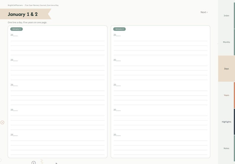 May include: A digital memory journal page titled January 1 & 2 with the text One line a day. Five years on one page. The layout features two columns with lined sections for five years, marked 20__, and a side navigation tab labeled Days.