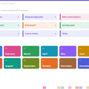 May include: A digital budget planner index page for 2027 titled Brightcellplanners. It features navigation tiles for Year at a glance, Setup & budget plan, Bills & subscriptions, Paycheck planner, Debt payoff, Savings goals, Net worth, Year in review, and Notes, plus twelve colorful month tiles.